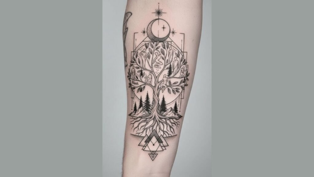 Tree of Life tattoo with flying birds and a nest symbolizing freedom, hope, family, and personal growth.