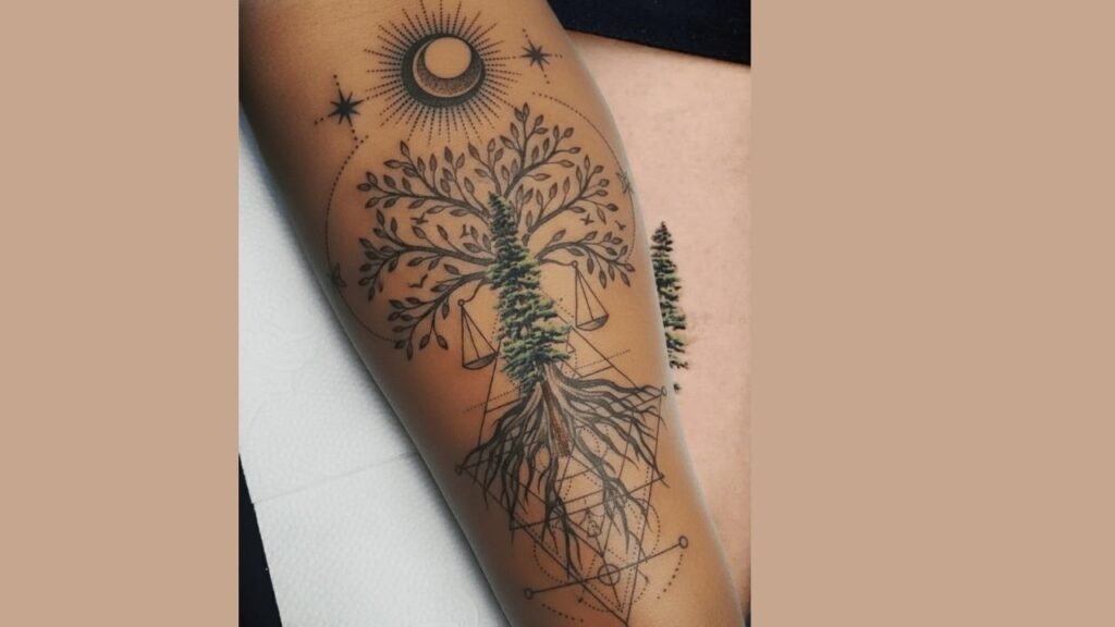 Modern geometric Tree of Life tattoo featuring a tree framed within a triangle and square-lined roots, combining sharp lines and clean shapes.