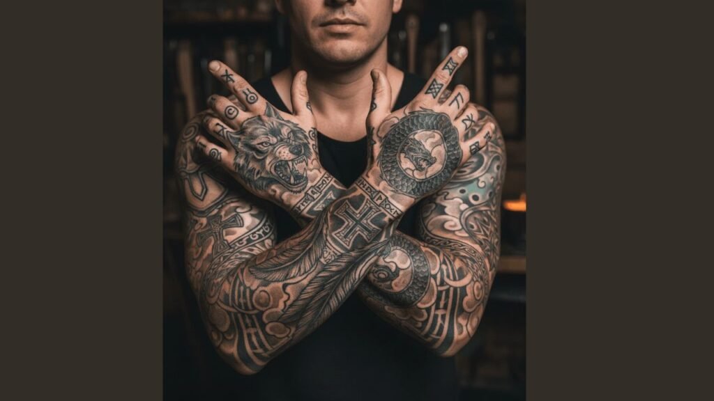 Viking hand tattoo featuring Nordic runes and axe symbols in bold black ink
