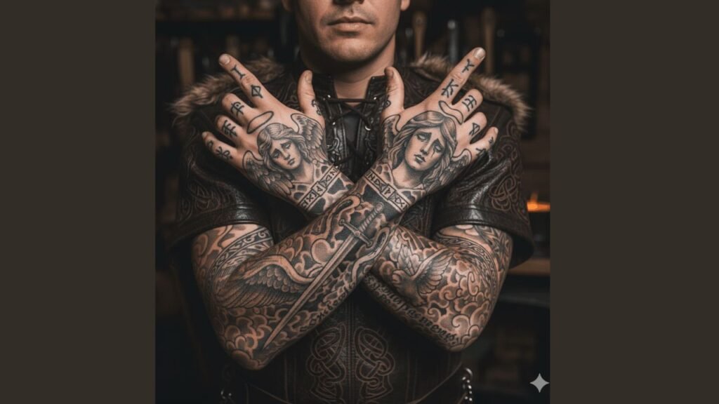 Angel hand tattoo with wings and halo design in black and gray ink on the back of the hand.