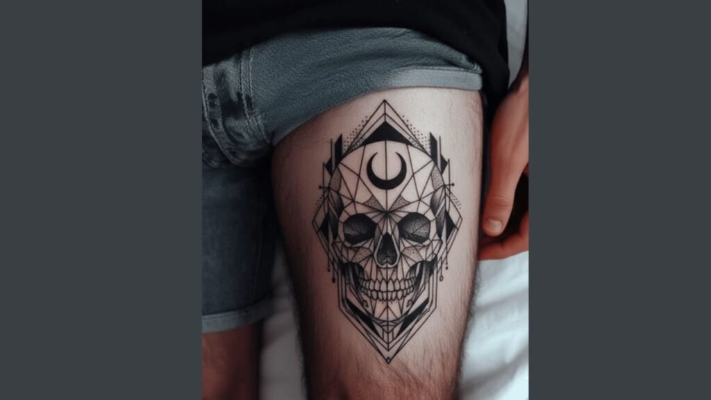 Bold masculine leg tattoo featuring a detailed animal and geometric design flowing along the calf and thigh, highlighting strong leg contours.