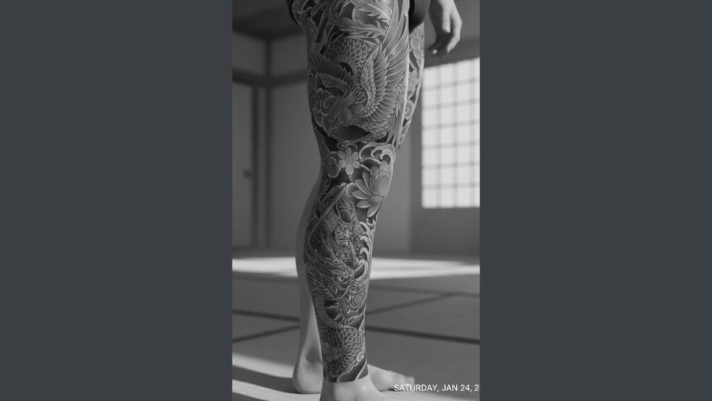 Dramatic masculine leg sleeve tattoo featuring dragon, tribal, and geometric patterns flowing seamlessly from thigh to calf.