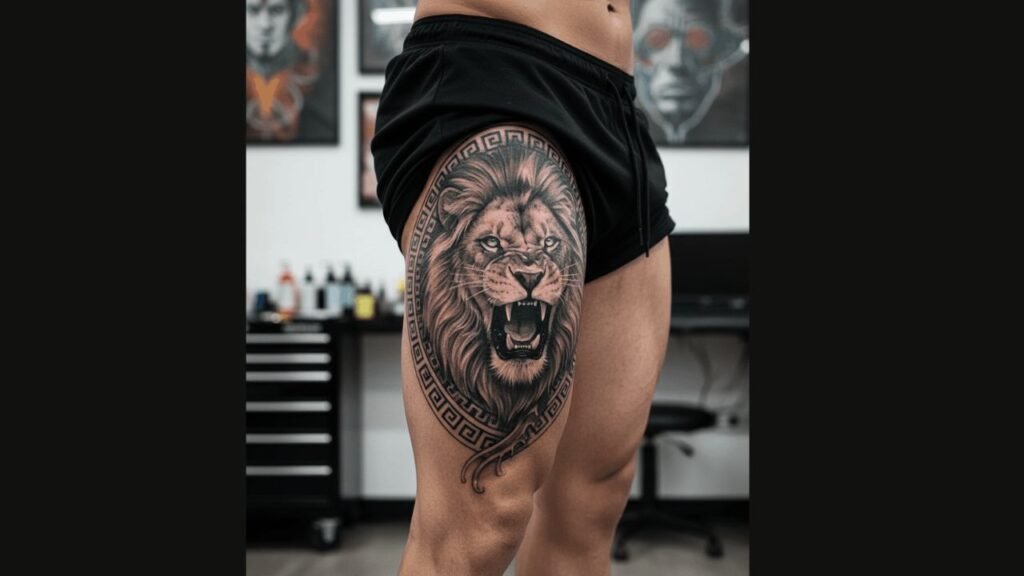 Bold thigh tattoo for men featuring a detailed masculine design that highlights strength, confidence, and muscle definition.
