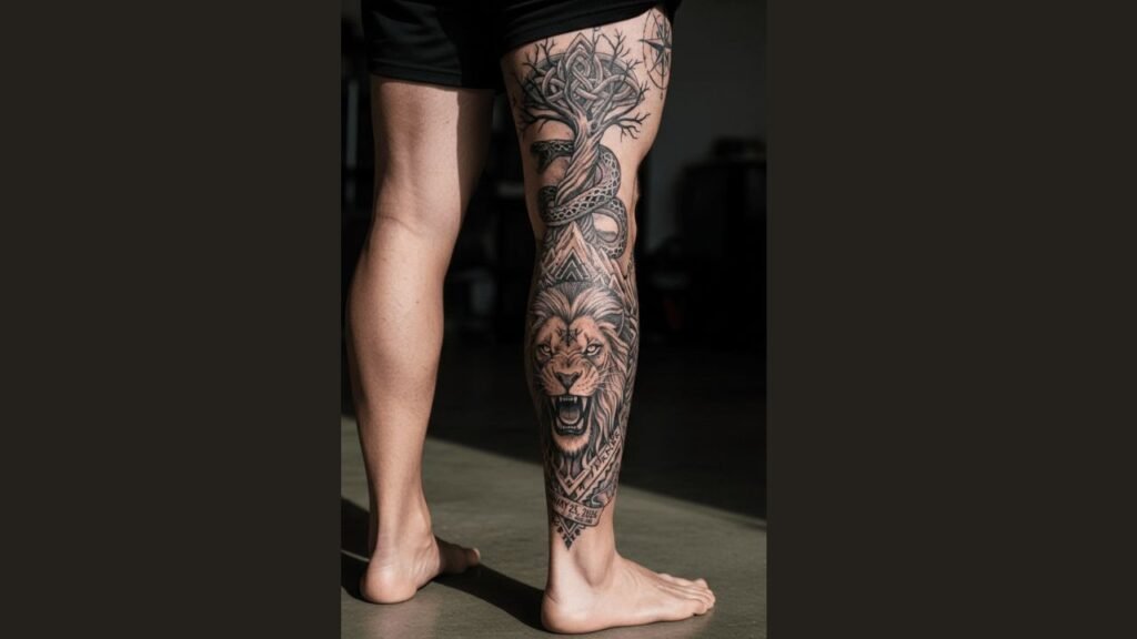 Calf tattoo for men featuring a bold skull and tribal design highlighting masculine leg muscles