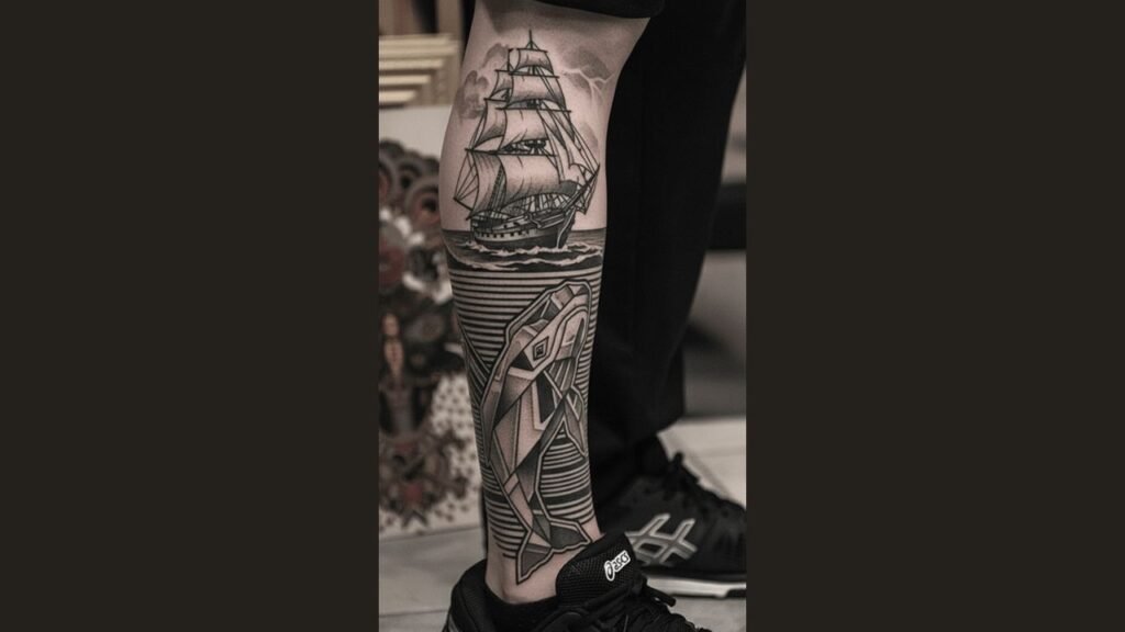 Front thigh tattoo for men featuring a bold animal and abstract design on the upper leg