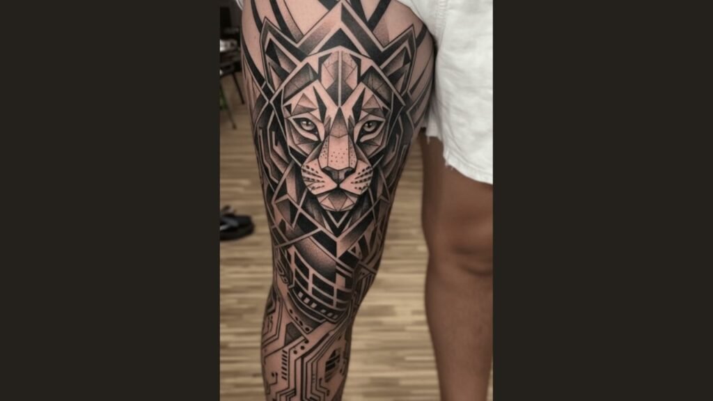 Half leg sleeve tattoo with bold tribal and geometric patterns flowing across the leg