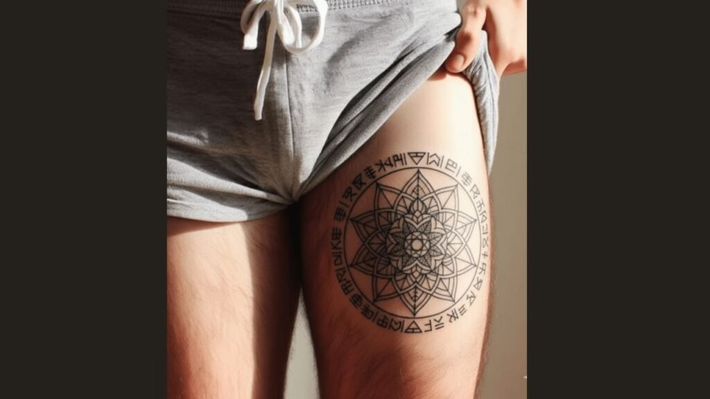 Sleek side-to-thigh tattoo featuring vertical florals and abstract lines along the outer thigh