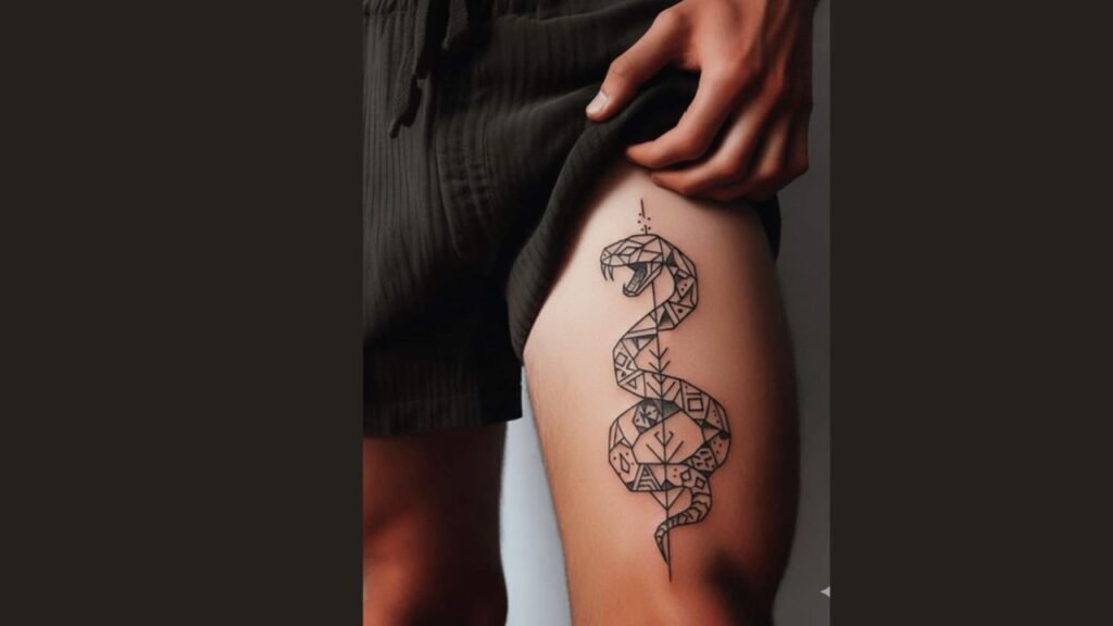 Minimalist small thigh tattoo featuring a tiny symbol on the inner thigh