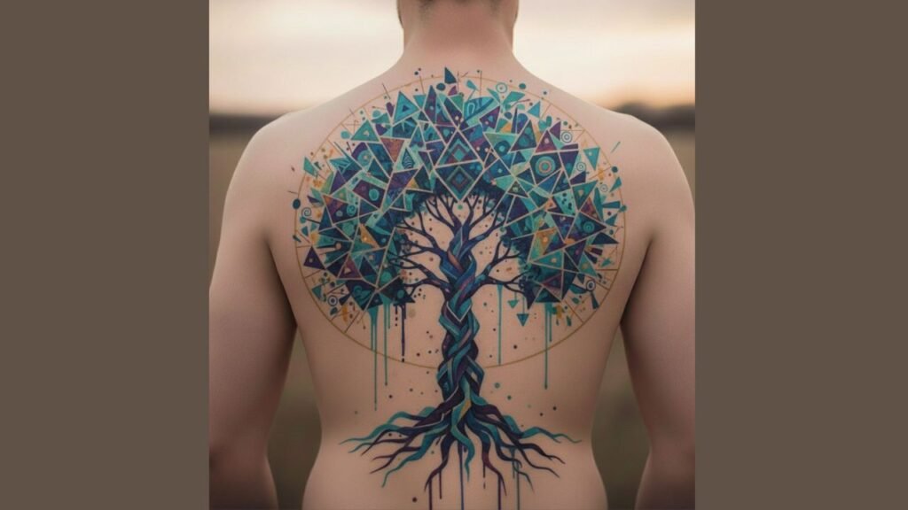 Abstract Tree of Life tattoo with dynamic roots and freeform branches, symbolizing individuality, resilience, adaptability, and personal growth