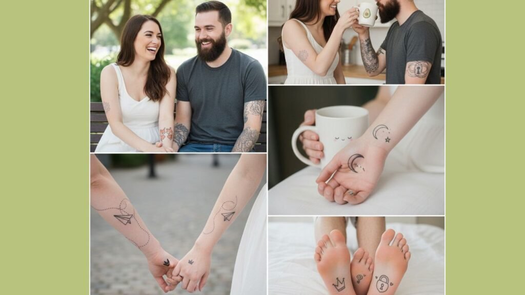 Adorable couple tattoos with tiny cartoon characters or cute animals on hands, wrists, or ankles, symbolizing playful love and shared humor.