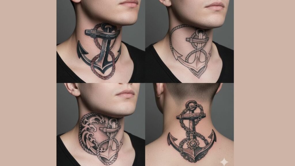 Anchor and rope neck tattoo symbolizing stability, guidance, and resilience for men