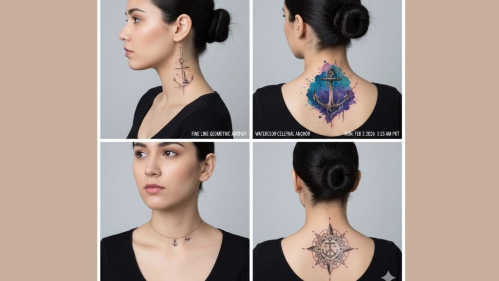 Anchor neck tattoo for women featuring a small, delicate design symbolizing stability, hope, and personal strength.