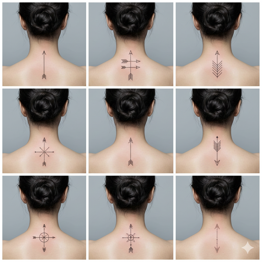 Arrow neck tattoo for men featuring a sleek, minimal arrow design on the side neck, symbolizing direction, focus, and determination.