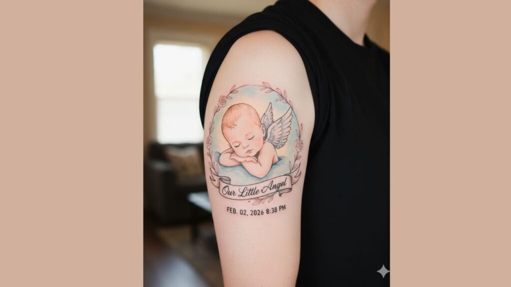 Baby angel tattoo with cherub or angel wings symbolizing purity, protection, and the sacred bond between parent and child.