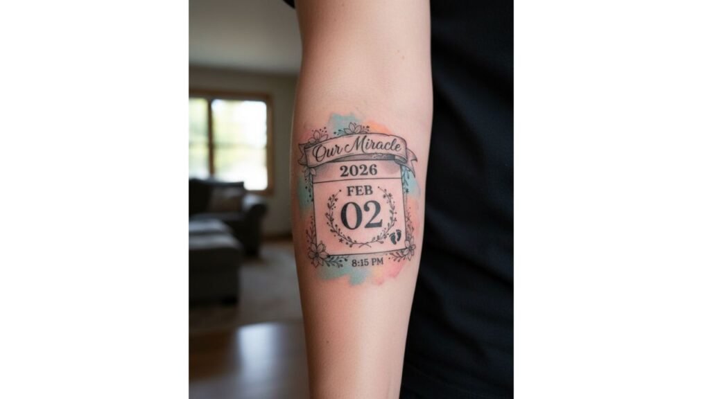 Baby birthdate tattoo with meaningful numbers symbolizing a child’s arrival, love, and a life-changing moment for parents.