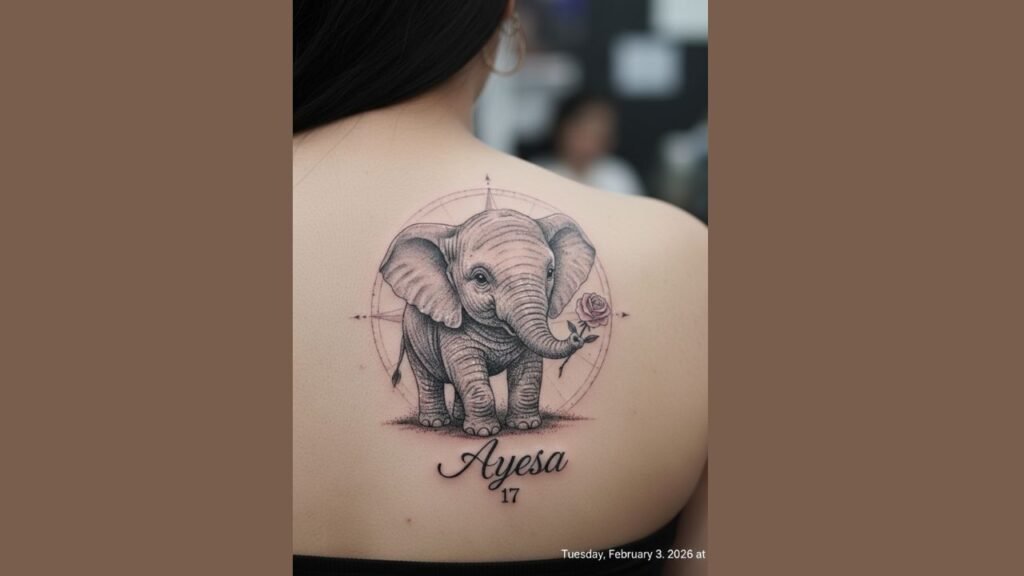 Baby elephant tattoo symbolizing protection, loyalty, and the loving bond between parent and child.