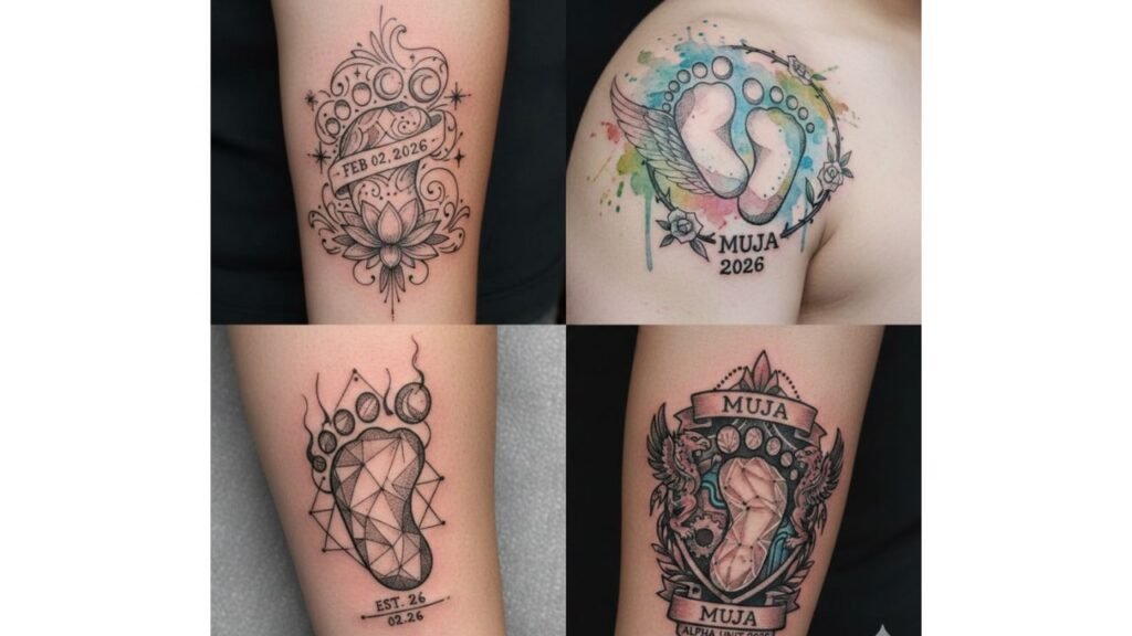 Baby footprint tattoo with a tiny, detailed footprint symbolizing parenthood, love, and the bond between parent and child