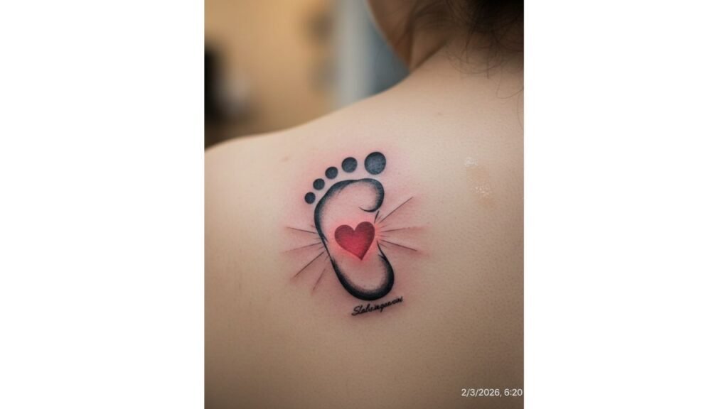 Baby footprint tattoo with heart symbolizing parental love, protection, and an everlasting bond with a child.