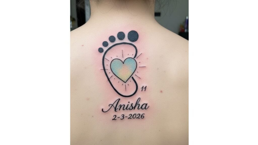 Baby footprint with name tattoo symbolizing parental love, individuality, and a lifelong emotional bond with a child.