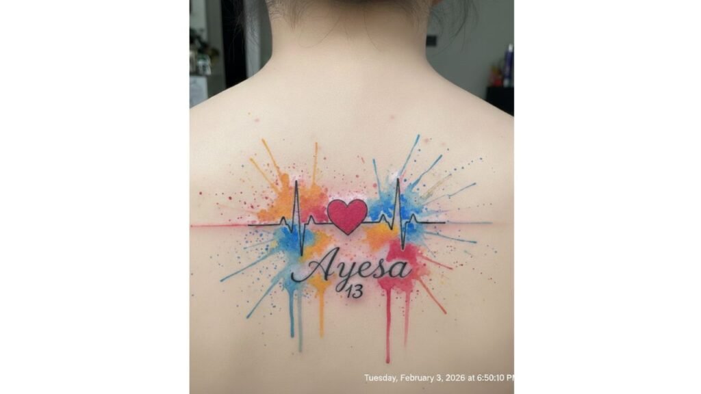 Baby heartbeat tattoo with name or birthdate symbolizing life, parental love, and an everlasting emotional connection.