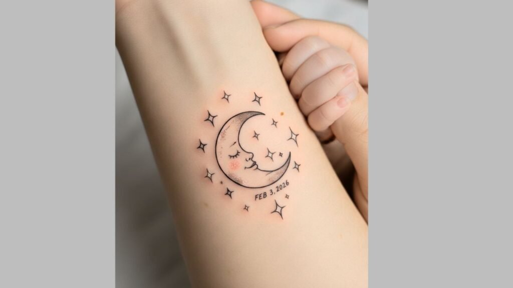 Baby moon and stars tattoo symbolizing dreams, guidance, protection, and the magical bond between parent and child.