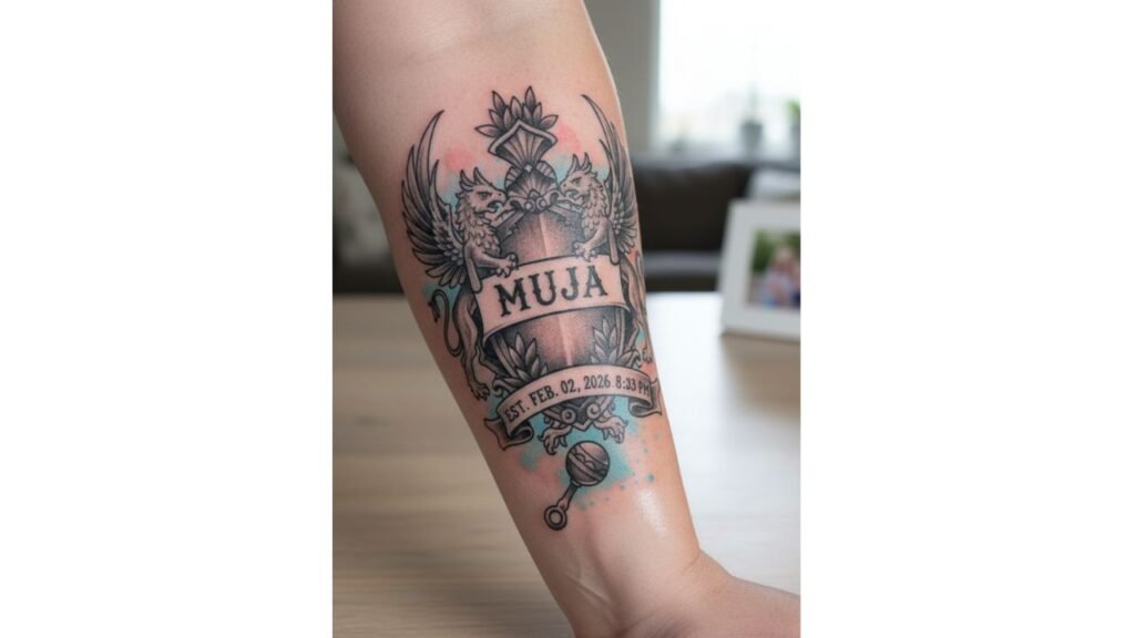 Baby name tattoo written in elegant script font symbolizing parental love, pride, and a lifelong emotional bond.