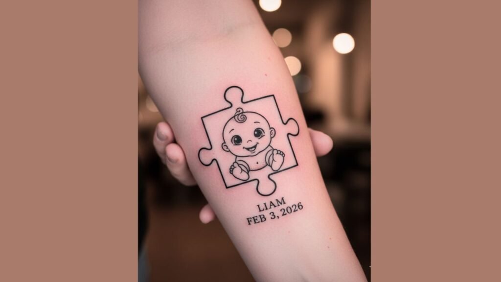 Baby puzzle piece tattoo symbolizing uniqueness, love, and the special connection between parent and child.