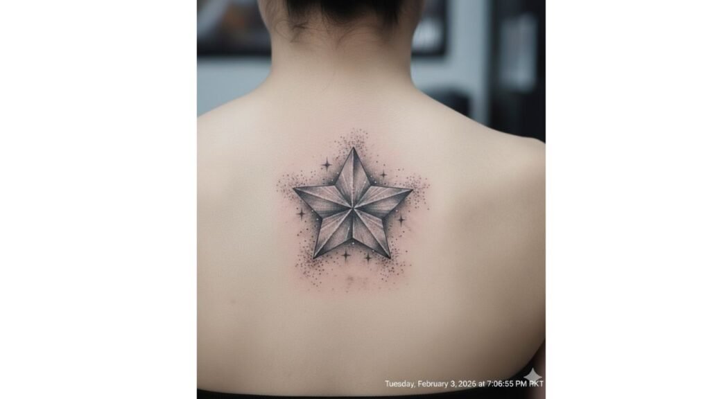 Baby star tattoo symbolizing hope, guidance, and the bright light a child brings into a parent’s life.