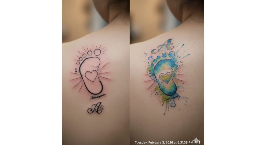 Baby’s first name initial tattoo in a minimalist monogram style symbolizing parental love and a deep personal connection.