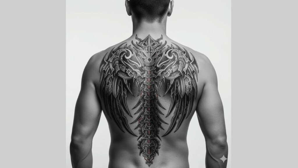 Badass spine tattoo for men featuring bold skull and dark abstract elements running down the spine