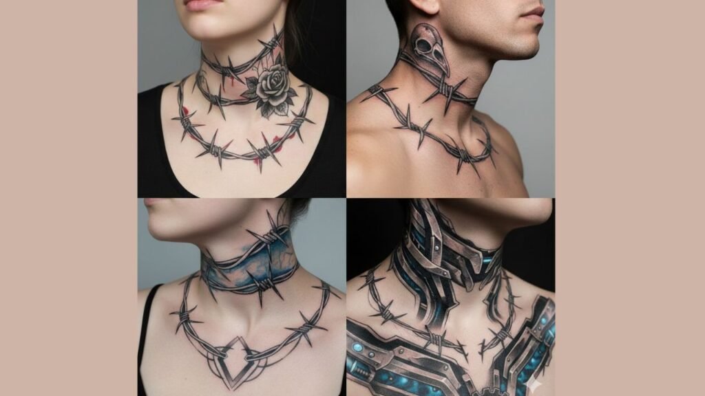 Barbed wire neck tattoo design symbolizing strength, protection, and resilience for men