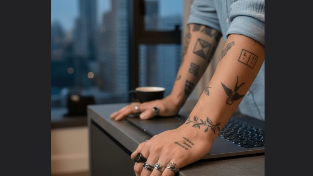 Best small tattoo designs for men featuring minimal symbols like arrows, anchors, or small animals on the forearm or wrist.