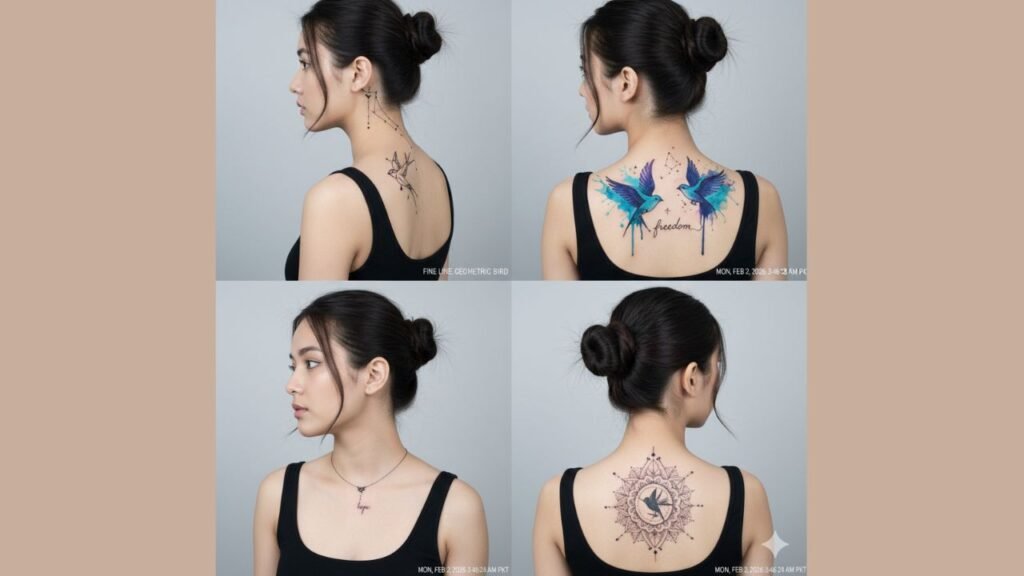 Bird neck tattoo for women featuring flying or small birds symbolizing freedom, independence, and personal growth.
