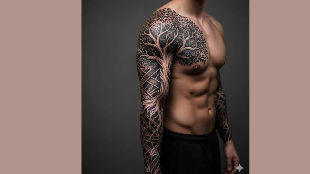 Black ink Tree of Life tattoo for men with bold lines, dark roots, and high-contrast branches symbolizing strength and confidence.