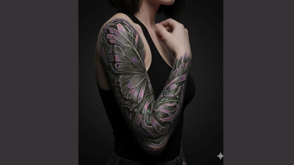 Bold butterfly sleeve tattoo for men with detailed wings, realistic shading, and full arm coverage symbolizing strength, transformation, and personal growth.