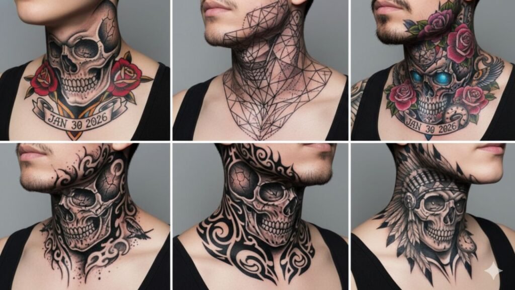 Skull neck tattoo for men with detailed shading, symbolizing courage, mortality, and inner strength.