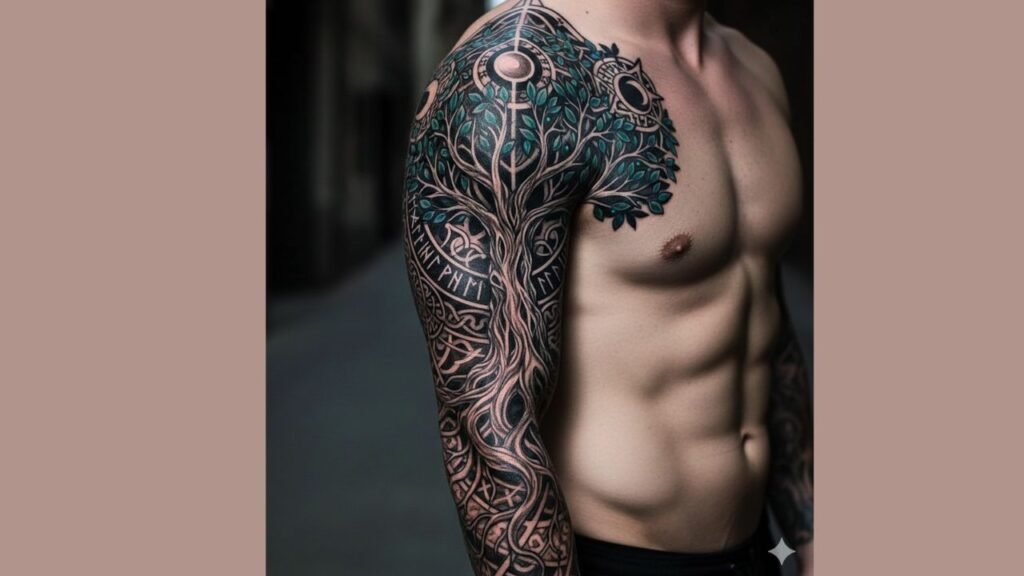 Bold Tree of Life sleeve tattoo for men with realistic branches and deep roots symbolizing strength, growth, and personal evolution.