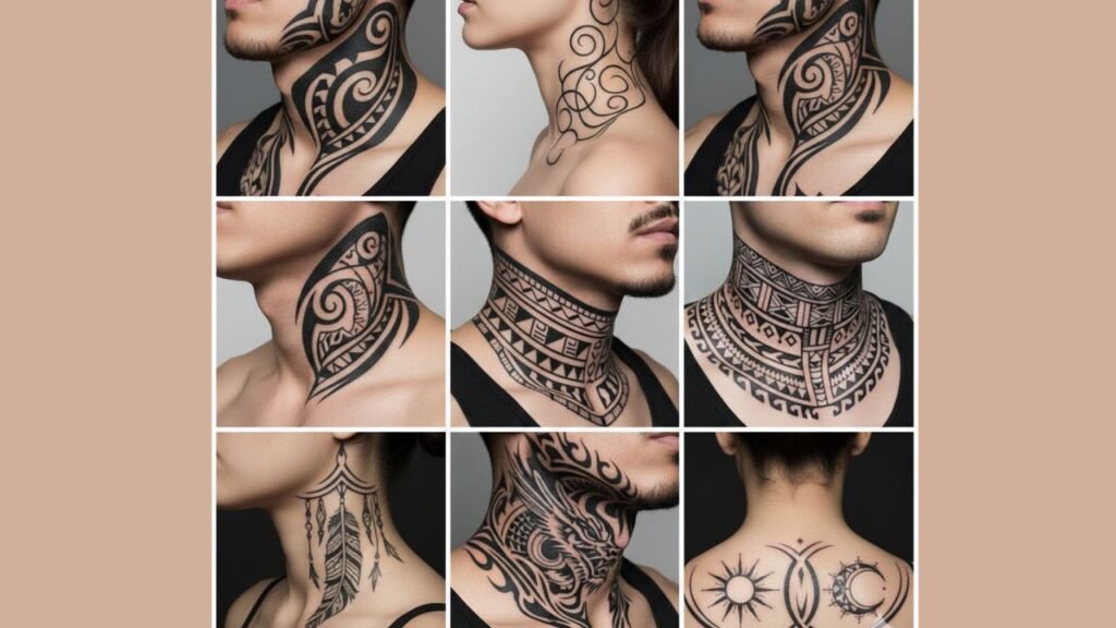 Tribal neck tattoo for men featuring bold geometric patterns that symbolize strength, heritage, and masculinity.