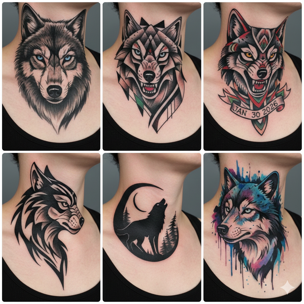 Wolf neck tattoo for men showing a detailed wolf face or howling wolf, symbolizing loyalty, freedom, and strength.