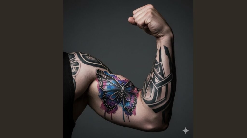 Butterfly tattoo on arm with spread wings and detailed shading design