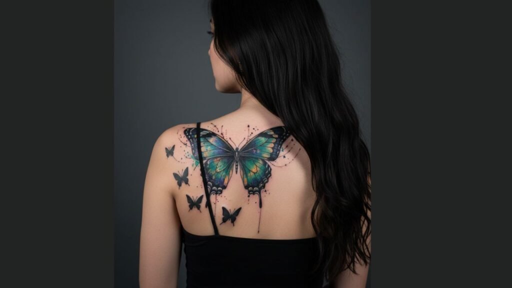 Butterfly tattoo on back shoulder with large wings and soft detailing