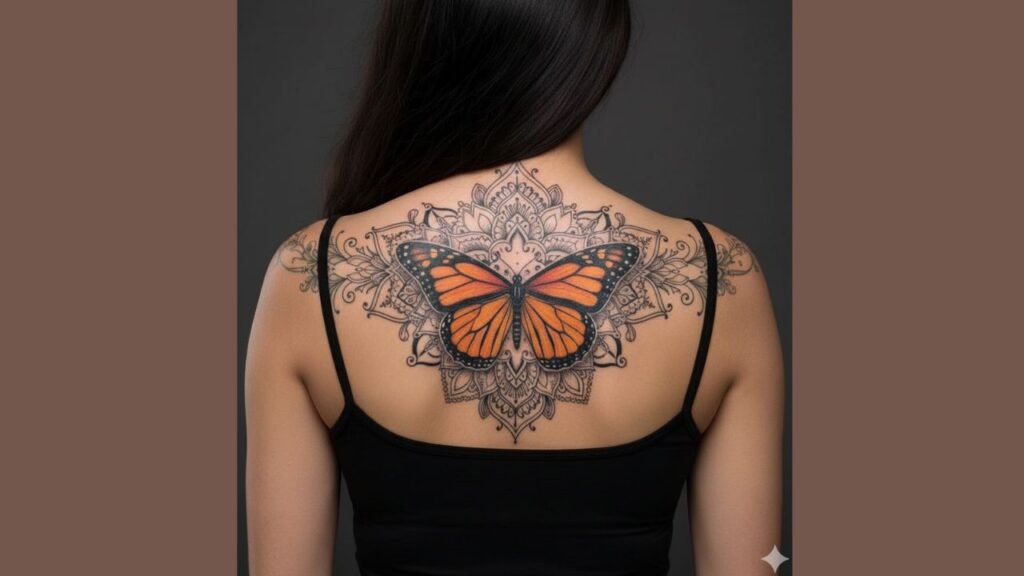 Large butterfly tattoo on back with wide-spreading wings and detailed patterns