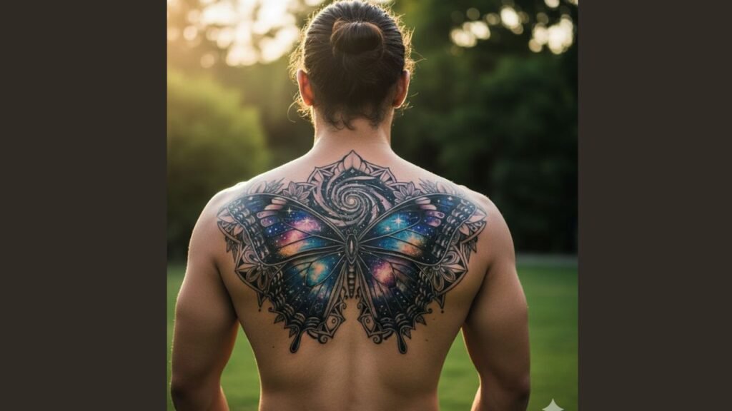Large butterfly tattoo on back with spread wings and detailed design