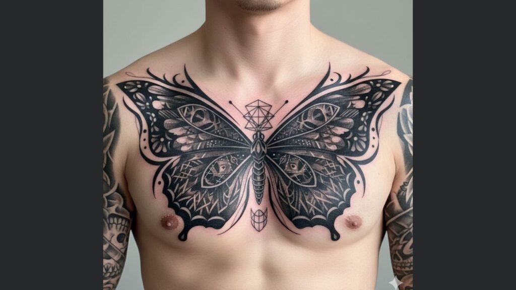 Butterfly tattoo on male chest with centered placement and spread wings design