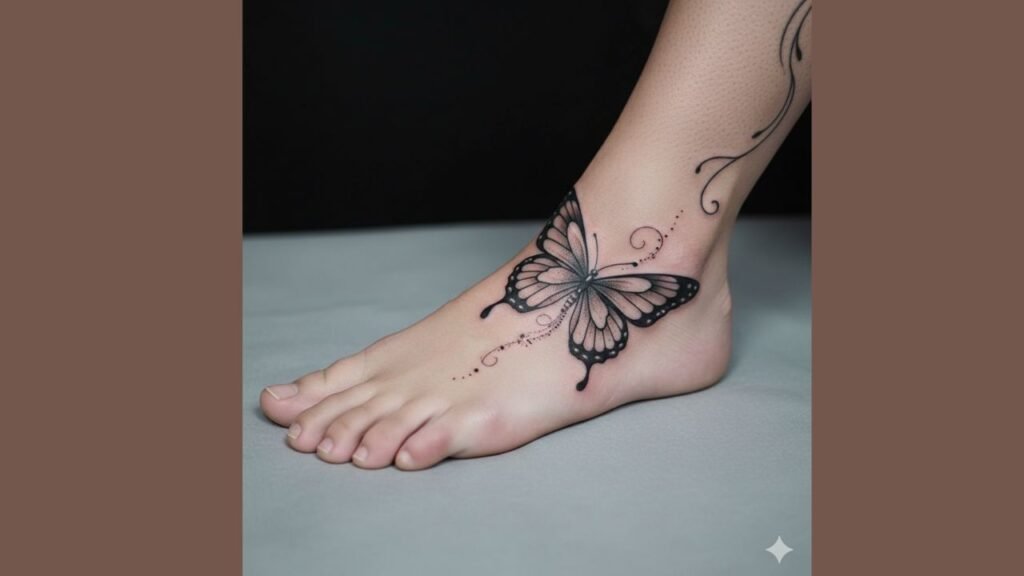 Small butterfly tattoo on foot with trailing butterflies