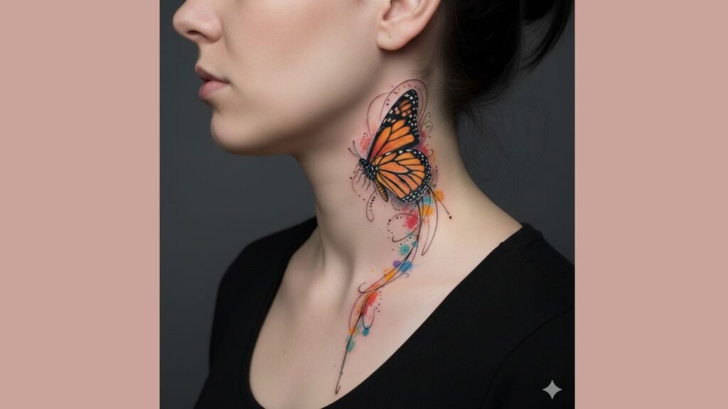 Small butterfly tattoo on neck with outline and color highlights