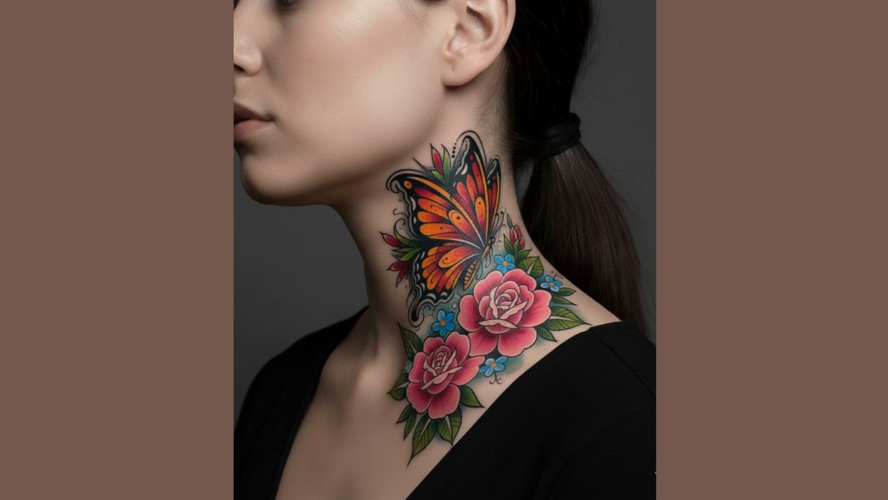 Small butterfly tattoo on neck with subtle outline and color accents