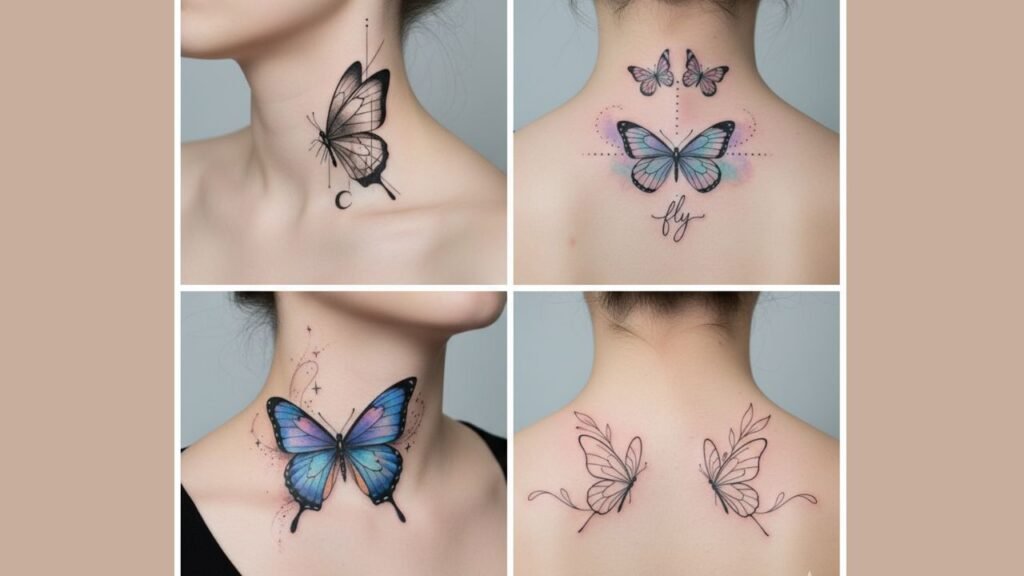 Butterfly neck tattoo for women symbolizing transformation, freedom, and feminine beauty.