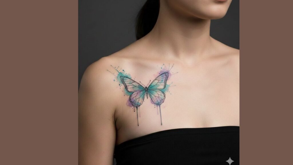 Butterfly tattoo on shoulder with flowing wings and soft shading