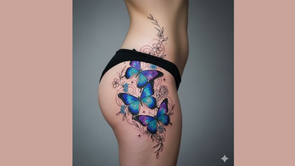 Butterfly tattoo on side hip with flowing wings and soft shading